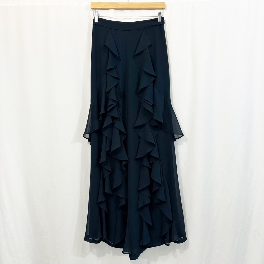 Badgley Mischka Cascading Ruffle Wide Leg High Waist Pants in Navy Blue - Picture 3 of 13